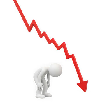 Person bending down under steep downward red arrow graphic illustration transparent background