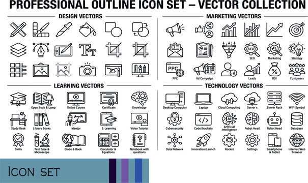 Print Professional Outline Icon Set Vector Collection - Mega Bundle Featuring Design Marketing Learning and Technology Linear Symbols for Business and Corporate Development
