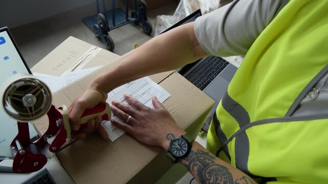 Cropped shot of warehouse worker with tattoos sticking delivery label on cardboard box and sealing it with tape dispenser. Footage is perfect for e-commerce and logistics ads