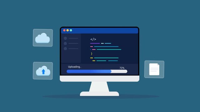Animated flat vector illustration of a desktop monitor displaying software code with cloud upload and file management icons. Modern cloud computing, data transfer, coding, and technology workflow conc