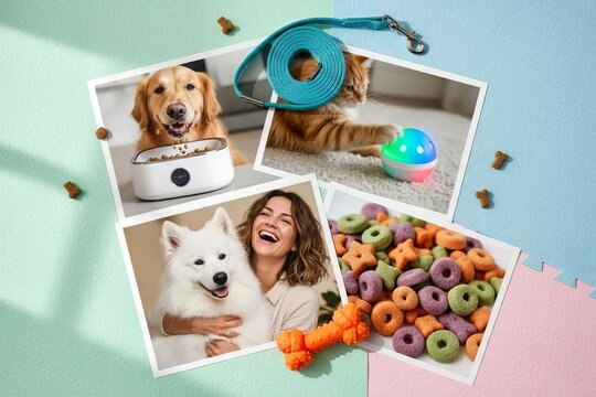 Pet Care and Smart Domestic Animal Lifestyle Products Photo Collage