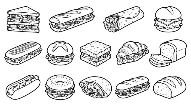Variety of Sandwiches and Buns sub sandwich vector