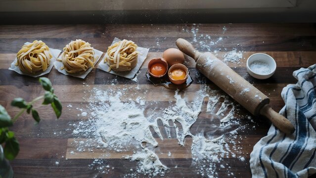 Fresh homemade pasta nests flat lay on wood &ndash; Great for Italian restaurant marketing, cooking class flyers, or family recipe blogs.