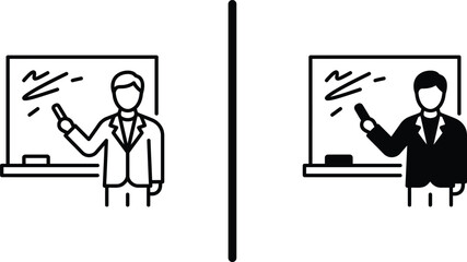 Teacher presenting in front of blackboard vector icon set for education © rooxs