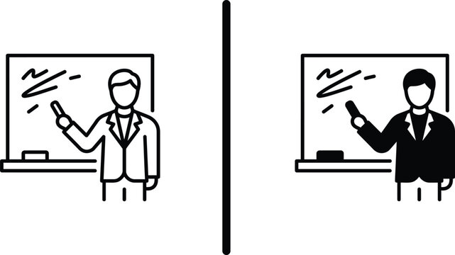 Teacher presenting in front of blackboard vector icon set for education