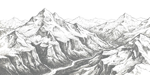 Black and white ink sketch drawing of a majestic mountain range with a winding river valley in the distance © GraphixEra