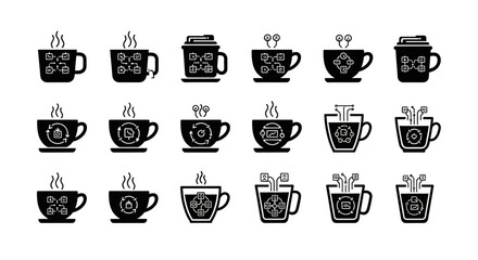 Fototapeta premium Data processing and workflow automation icons inside coffee cups depicting complex technical systems and algorithmic structures for technology software design