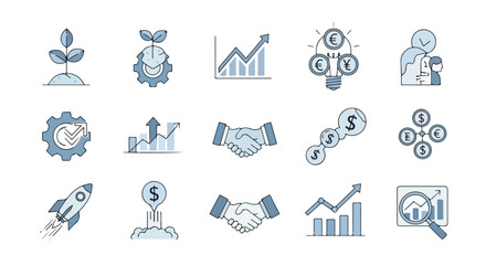 Fototapeta premium This collection features fifteen hand-drawn business icons in blue and grey, illustrating concepts like growth, finance, teamwork, and innovation.