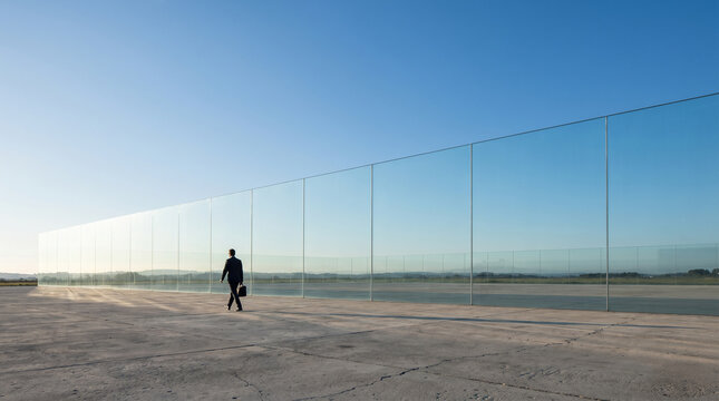 Businessman walking toward a colossal transparent glass wall, symbolizing invisible market barriers and strategic corporate obstacles.