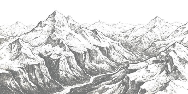 Black and white ink sketch drawing of a majestic mountain range with a winding river valley in the distance