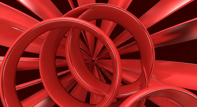 Abstract Red 3D Rings and Radiant Light Rays