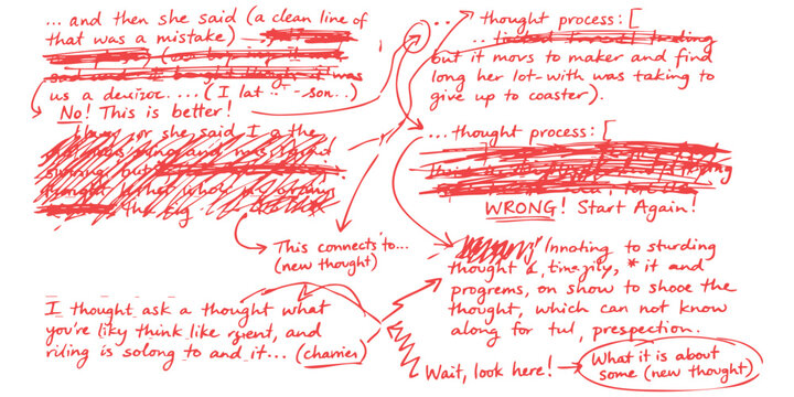 Complex handwritten thought process notes and messy mind map diagram with red crossed out text on paper
