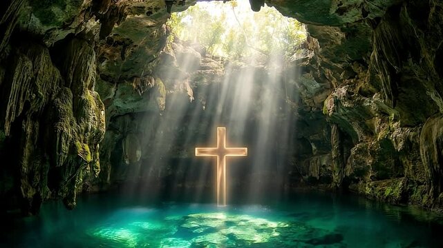 Water baptism background featuring a glowing cross in a cave pool