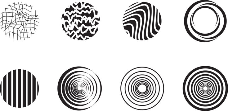 Abstract geometric monochrome circle line texture illusion vector illustration set. Simple linear concentric ring pattern collection, minimalist black zebra stripe mesh ball element pack isolated on w