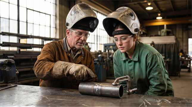 Experienced industrial welder instructing female apprentice on metal fabrication techniques in vocational workshop
