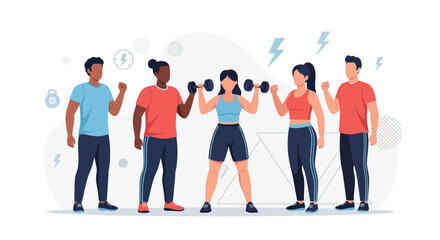 Obraz premium Diverse Group of People Exercising with Dumbbells and Weights, Fitness and Wellness Concept