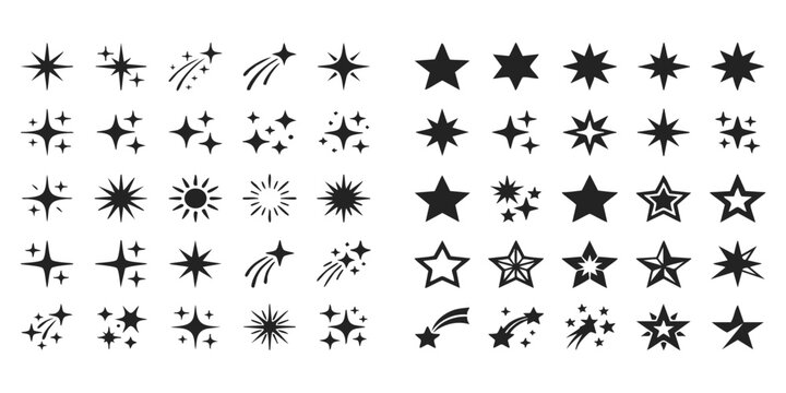 Set of black star icons and sparkling glitters for creative design projects and simple graphic decorations