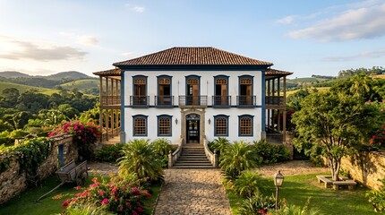 Obraz premium Historic Colonial Mansion with Balconies and Lush Greenery at Sunset