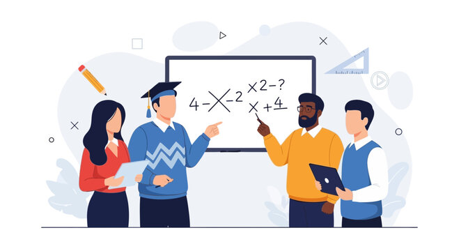 Diverse group of students and teachers in a classroom setting, learning mathematics at a whiteboard with equations and geometric tools.