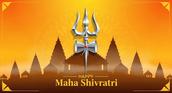 Shiny metallic trishula with a damaru drum emblem sits prominently against a vibrant orange gradient background celebrating the holy hindu festival of maha shivratri holiday