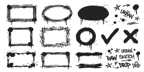 Set of black graffiti spray paint frames and design elements with drip texture for urban street art style © GraphixEra