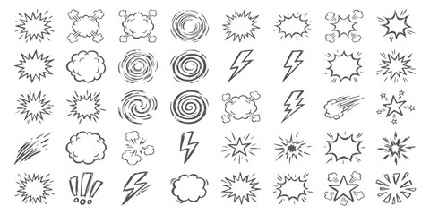 Set of hand drawn comic book explosion speech bubbles and action lines for graphic design and illustration © GraphixEra