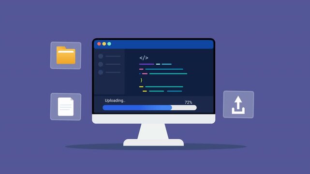 Animated flat vector illustration of a desktop monitor displaying software code with file upload and folder management icons. Modern data transfer, programming, and digital workflow technology concept