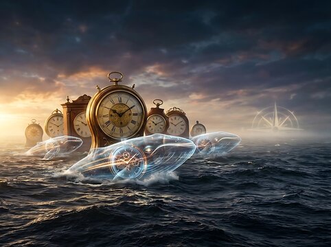 Surreal Digital Illustration of Giant Golden Pocket Watches Floating in a Turbulent Dark Ocean under a Dramatic Sky