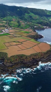 Atlantic coast cliffs with cultivated fields on top, Azores island rural landscape meeting ocean shoreline, aerial view
