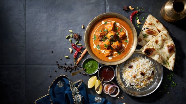 Indian curry spread with naan bread flat lay &ndash; Suitable for ethnic food festivals, culinary travel articles, or catering promos.