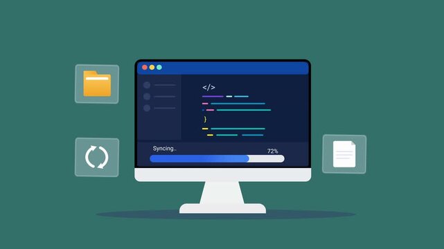 Animated flat vector illustration of a desktop monitor displaying software code with file synchronization and folder management icons. Modern data syncing, programming, and digital workflow technology