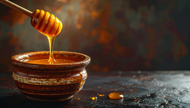 Honey dripping from wooden dipper into rustic bowl on textured surface