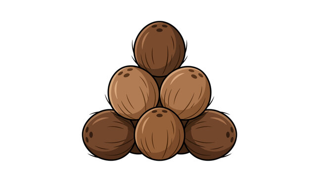 A stack of six brown coconuts arranged in a triangular pyramid shape.