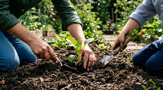 Hands of father and son planting a seedling in rich soil together, gardening activity for sustainability and family bonding concept