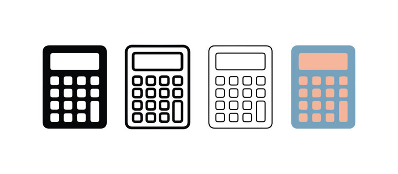calculator icons in various colors and styles  black line blue and orange designs