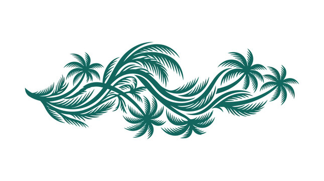 Stylized decorative illustration of tropical palm trees arranged in a flowing wave pattern.