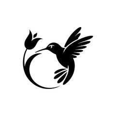 Fototapeta premium Black hummingbird silhouette with flower in circular design