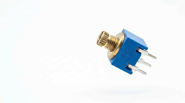 Blue electronic potentiometer component with brass dial isolated against a clean and bright white background