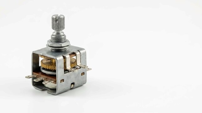 Metal electrical potentiometer component with a brass gear and threaded shaft on a white background