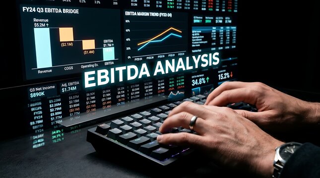 Financial analyst performing EBITDA analysis on computer with data charts.