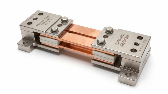 Precision metal shunt resistor component featuring copper bars and steel blocks on a white studio background