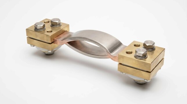 Industrial electrical copper shunt connector with brass terminal blocks and steel bolts on white background