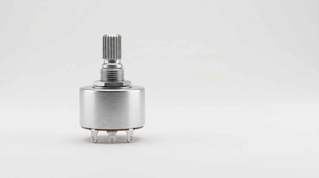 Metallic rotary potentiometer component with silver finish stands isolated against a clean neutral white studio background