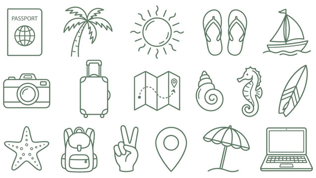 Travel vacation icon set naive doodle vector illustration
