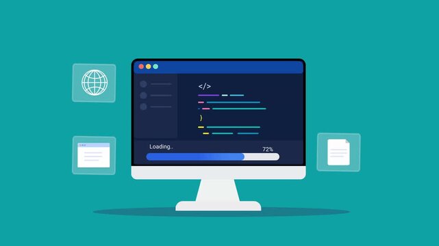 Animated flat vector illustration of a desktop monitor displaying software code with website and browser interface icons. Modern web hosting, web development, and online platform technology concept.