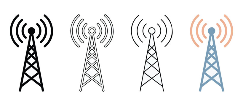 cell phone towers with signal waves emitting from the top on white background  telecommunications infrastructure icons