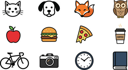 Fototapeta premium Minimalist vector icon set featuring a collection of cute animals, fast food, hot coffee, outdoor activities and daily lifestyle objects isolated on white background