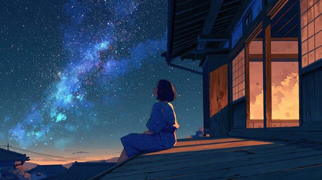 縁側から満天の星空を眺める女性