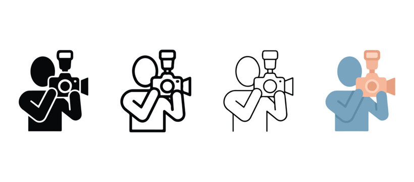 people taking pictures with a camera and flash  photographers with check mark  various colors