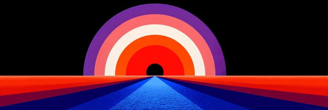 Kpop Retro grain vintage semicircle rainbow gradient wide horizontal banner, sunset arch perspective ocean road layout for website header, desktop wallpaper and event presentation slide backdrop